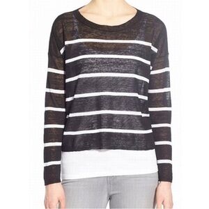 Eileen Fisher Crepe Black White Striped Top Linen Blend Women’s Size PP Nautical